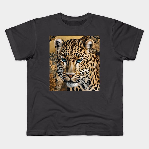 Leopard with Gold Texture Background Kids T-Shirt by RoxanneG